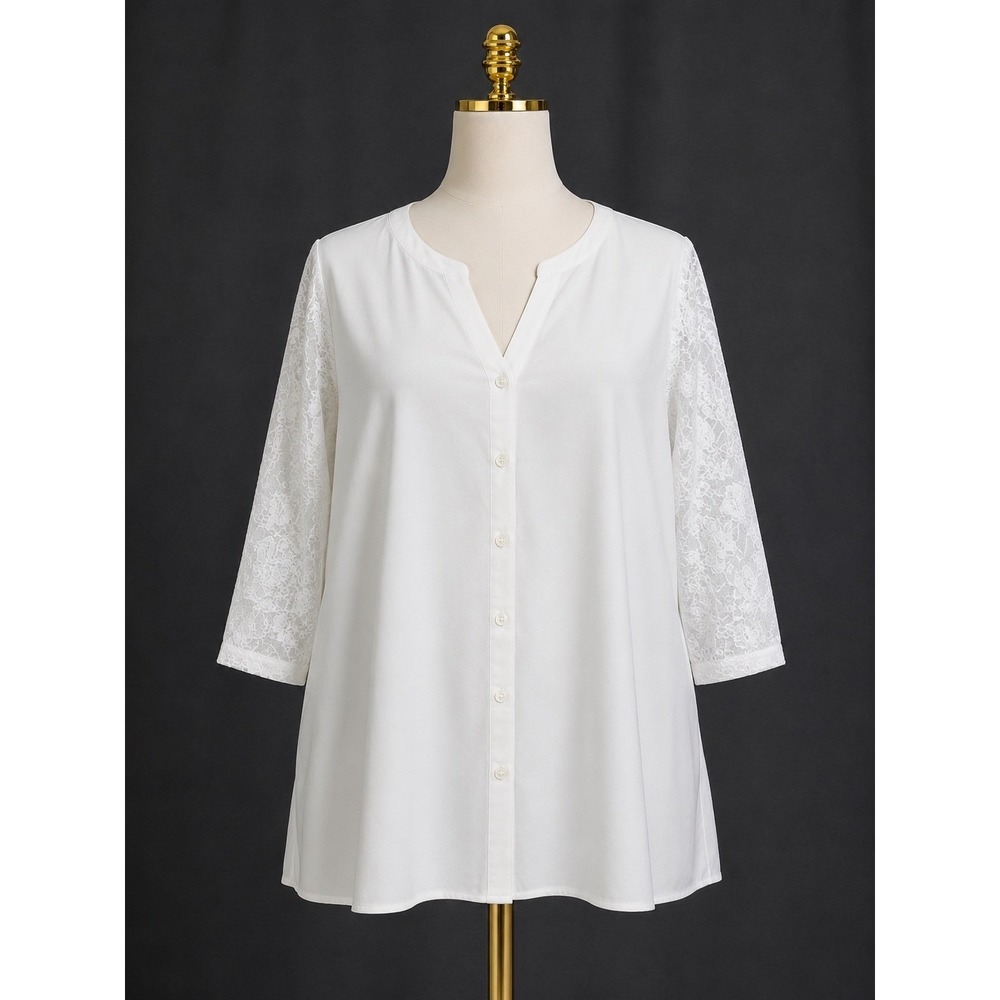 Denim & Co Button Front 3/4 Lace Sleeve Blouse V-Neck Bright White Size 2X